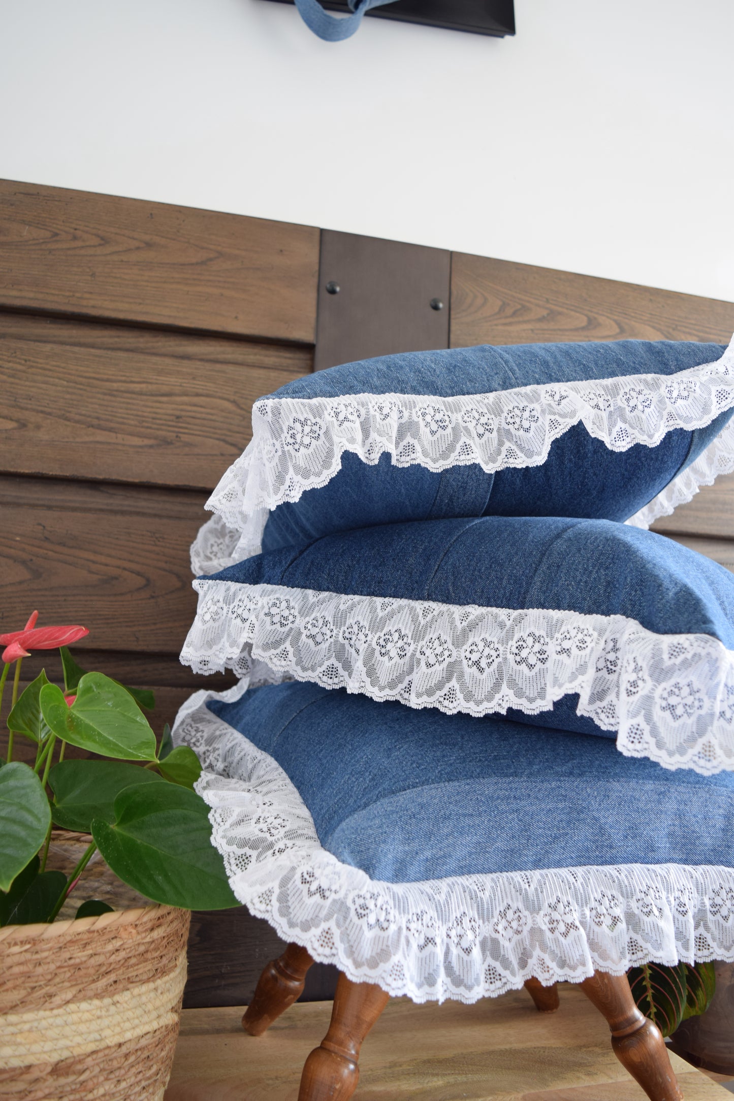 Denim pillow cover with with lace
