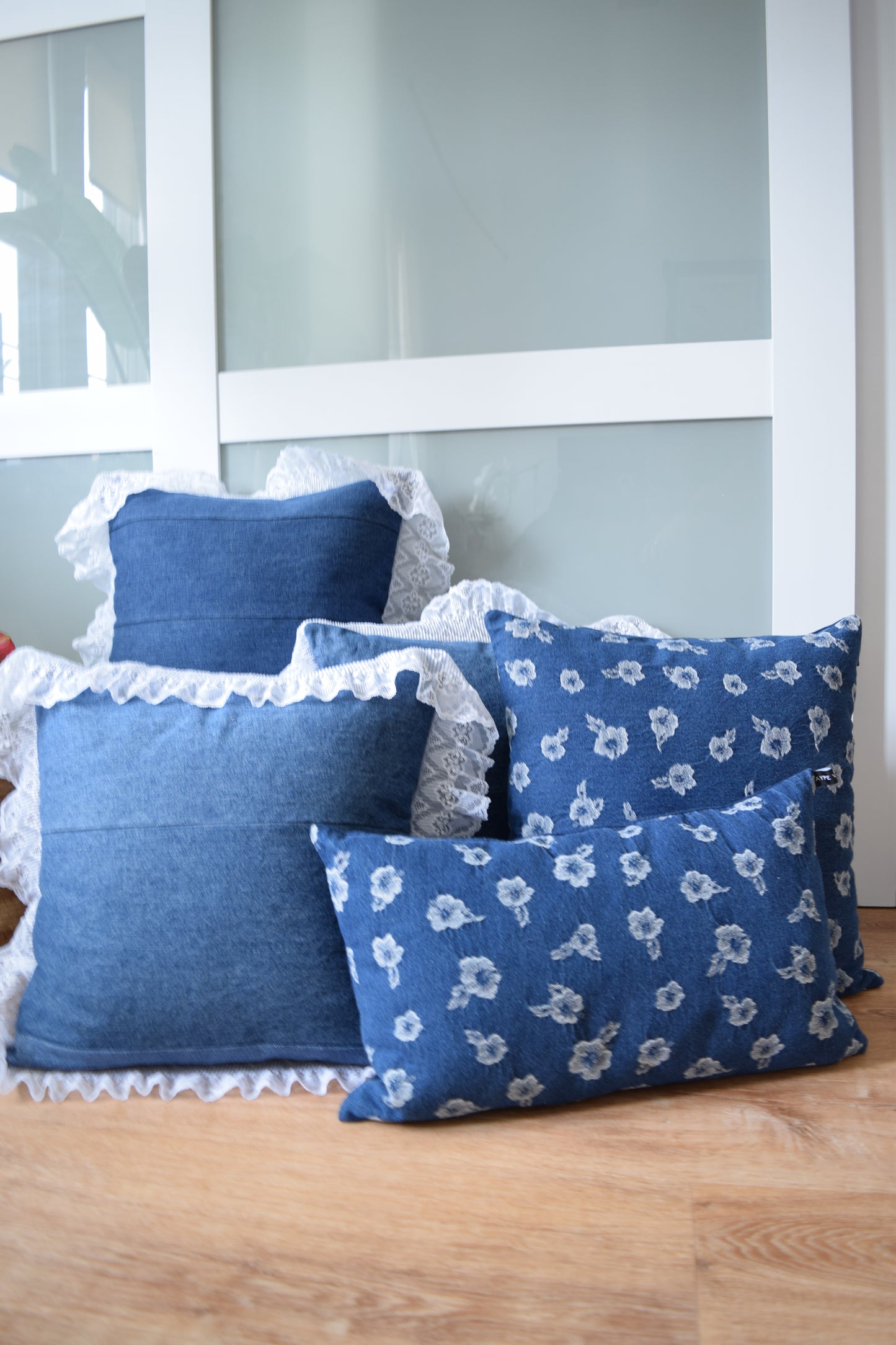 Denim pillow cover with with lace
