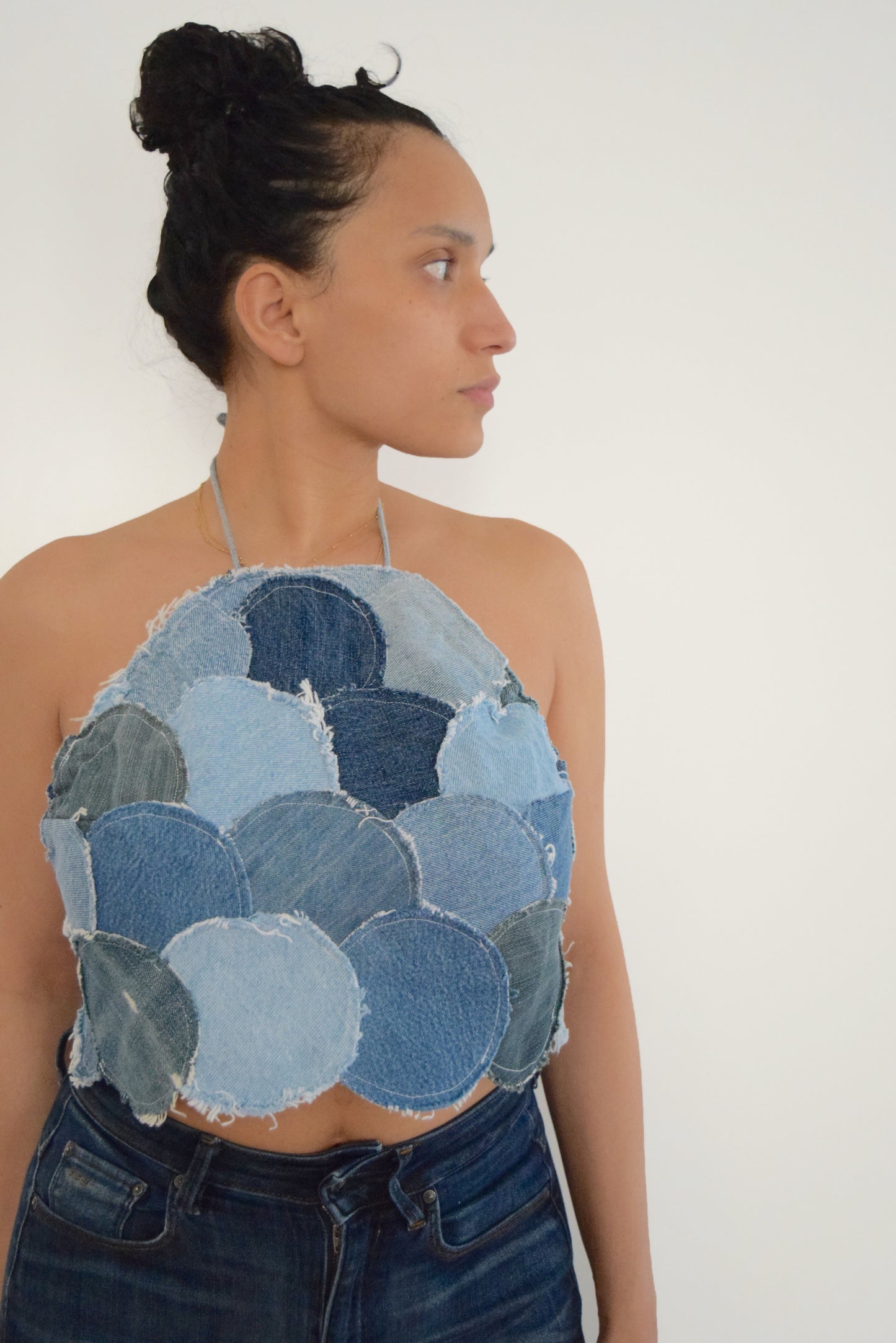 Denim Halter Top (Circle Patchwork)