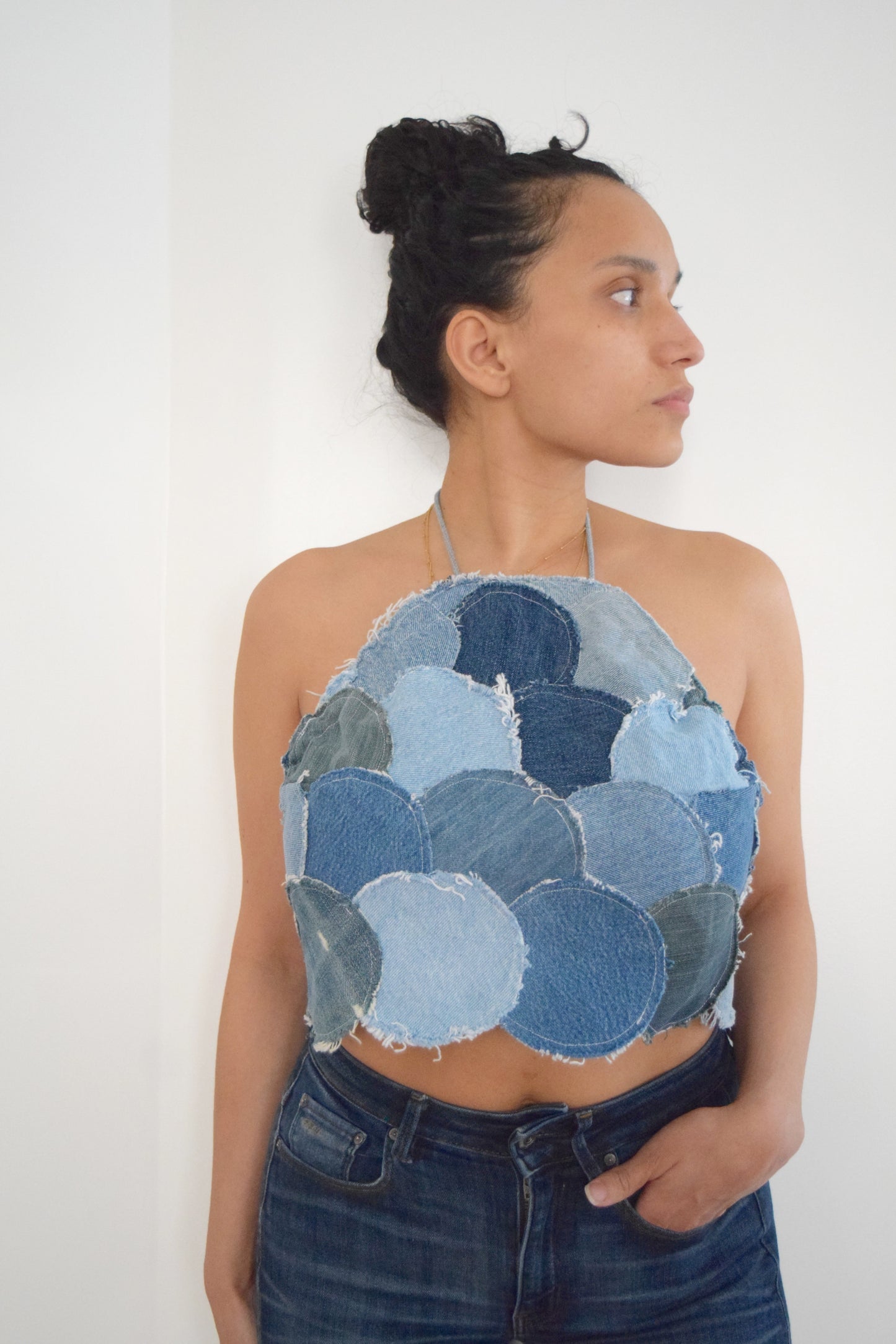 Denim Halter Top (Circle Patchwork)