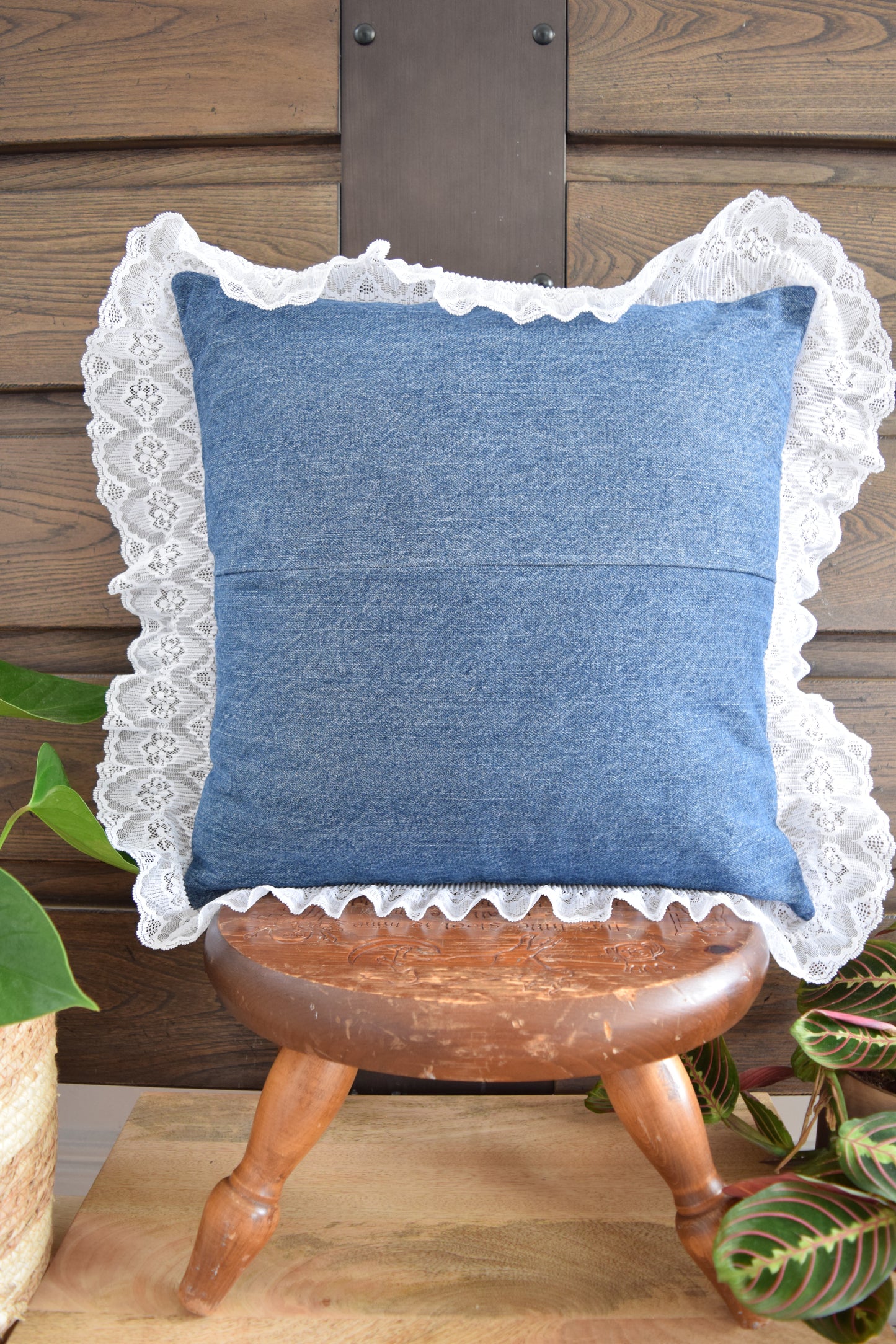 Denim pillow cover with with lace