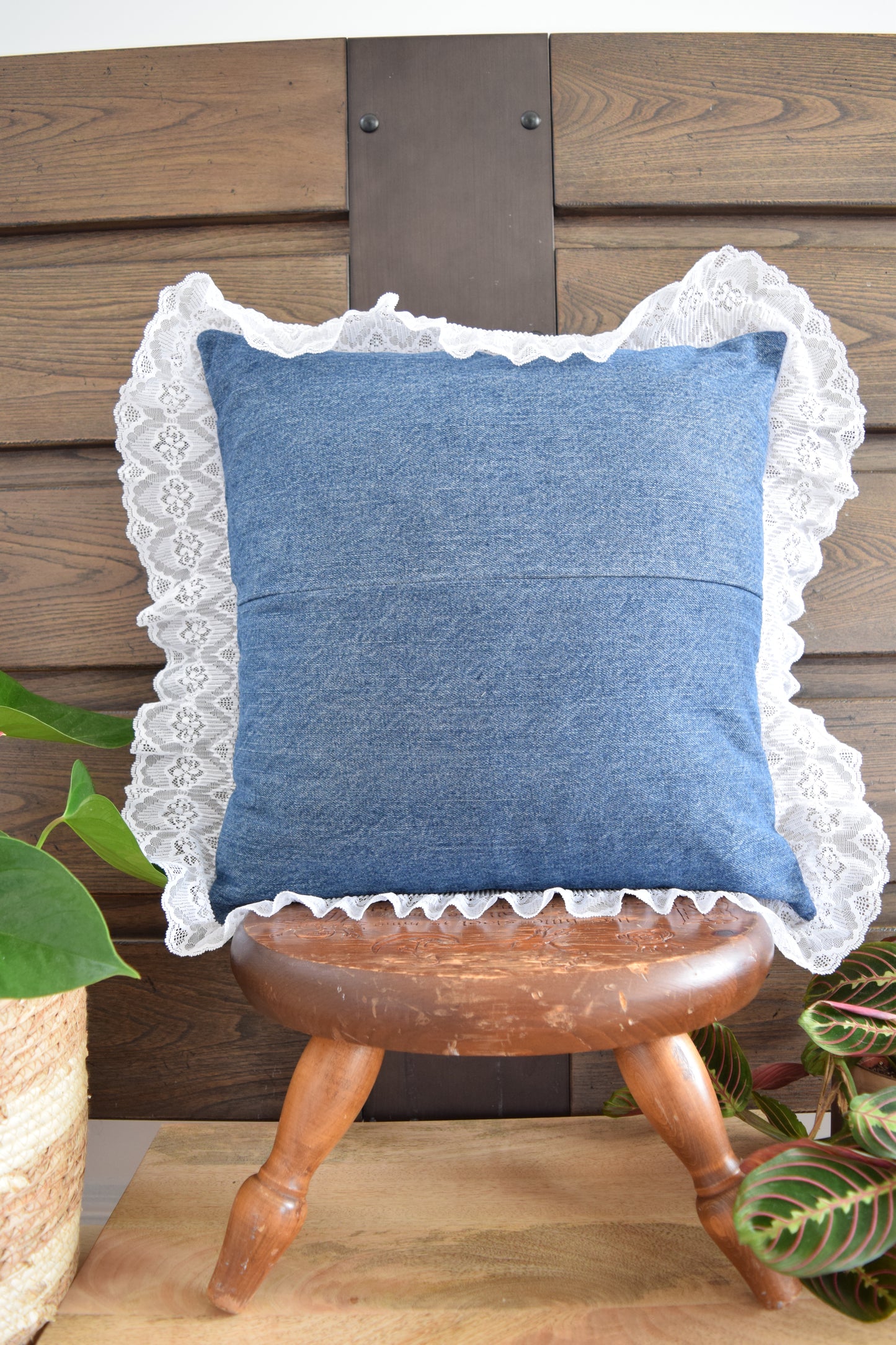 Denim pillow cover with with lace
