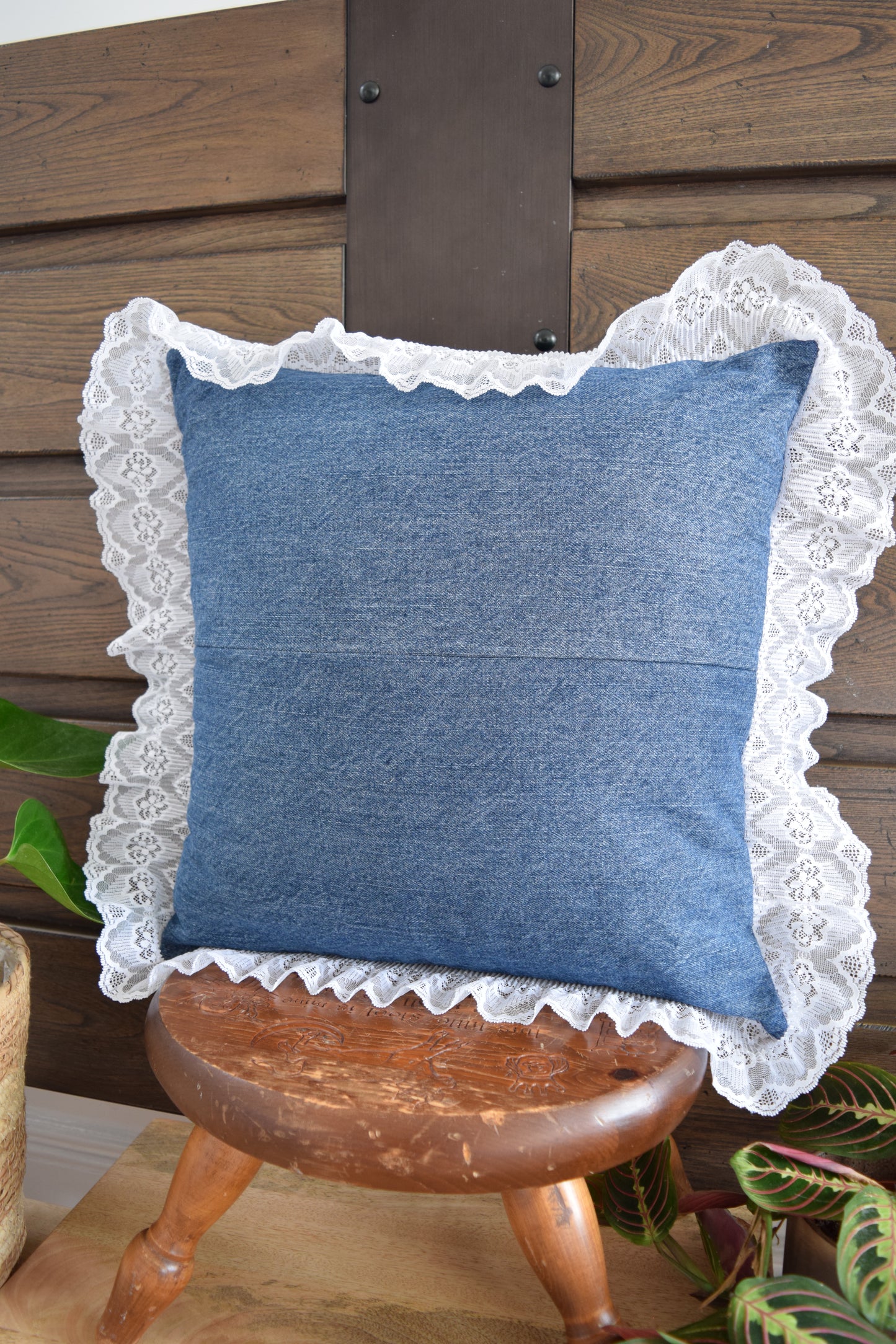 Denim pillow cover with with lace