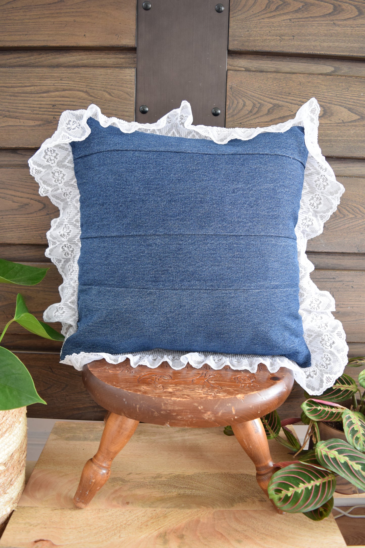 Denim pillow cover with with lace