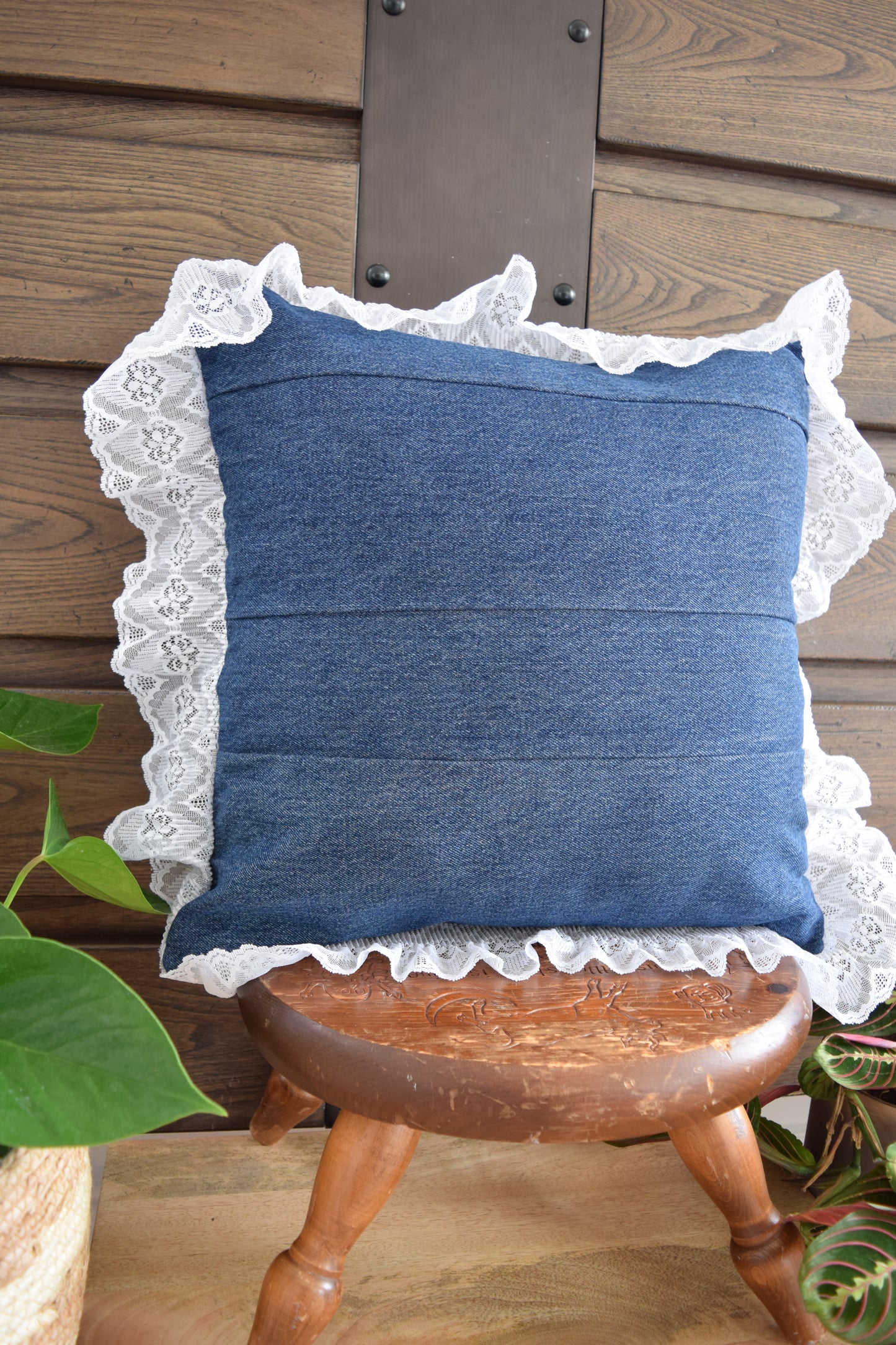 Denim pillow cover with with lace