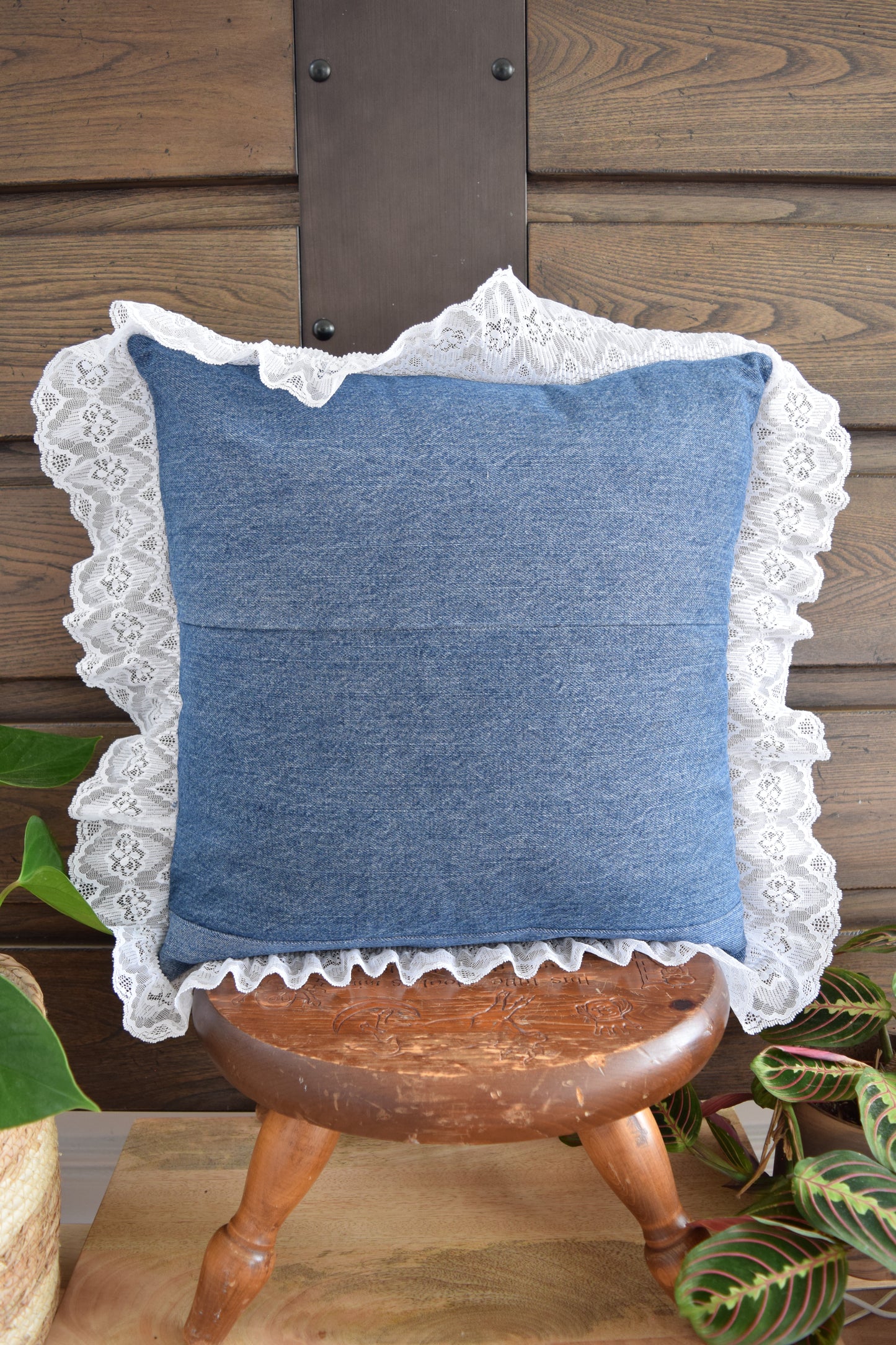 Denim pillow cover with with lace
