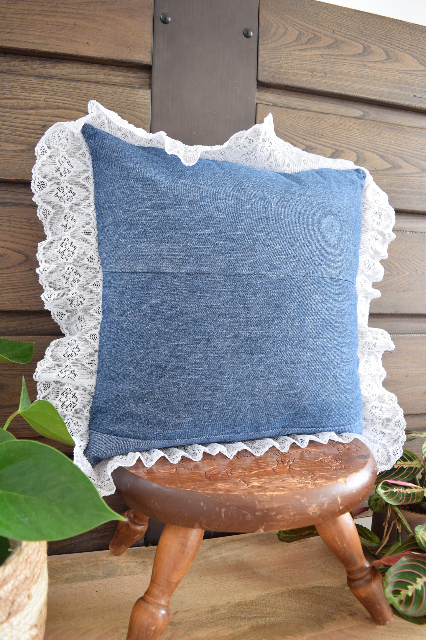 Denim pillow cover with with lace