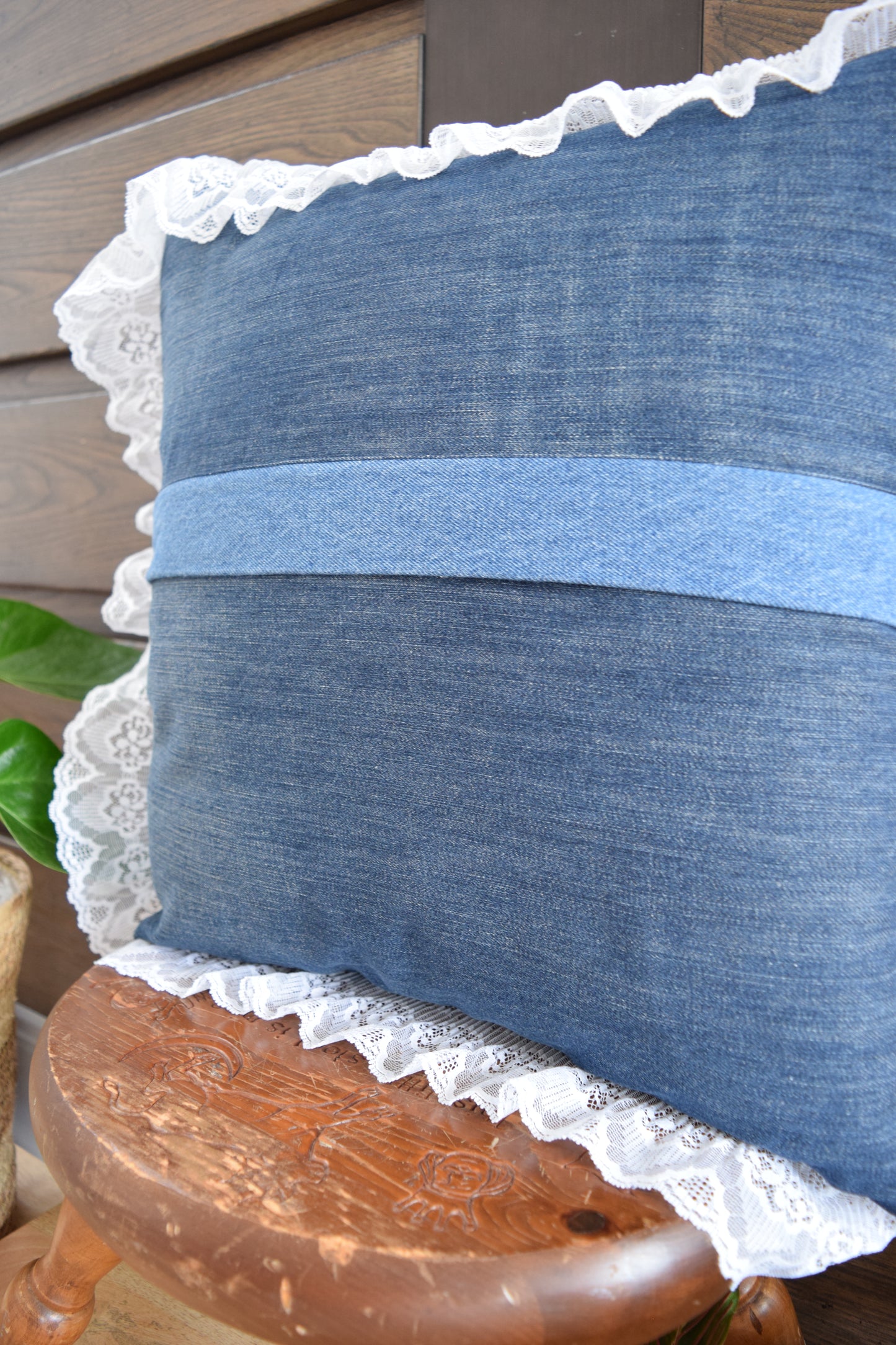Denim pillow cover with with lace