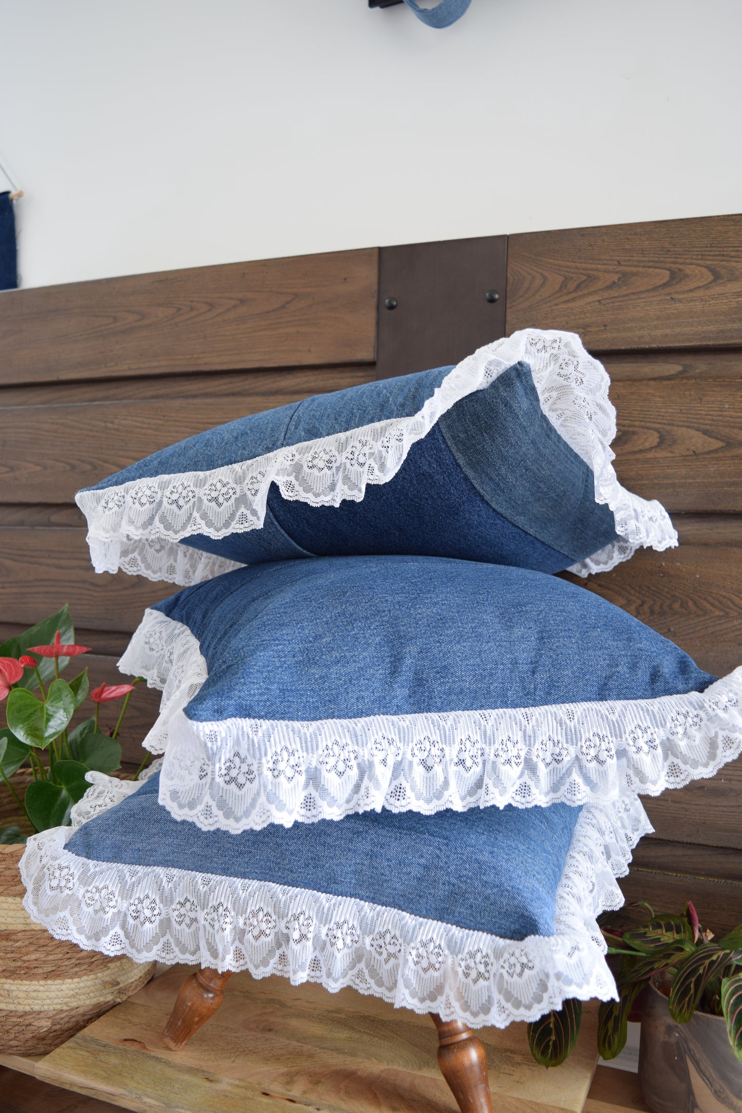 Denim pillow cover with with lace