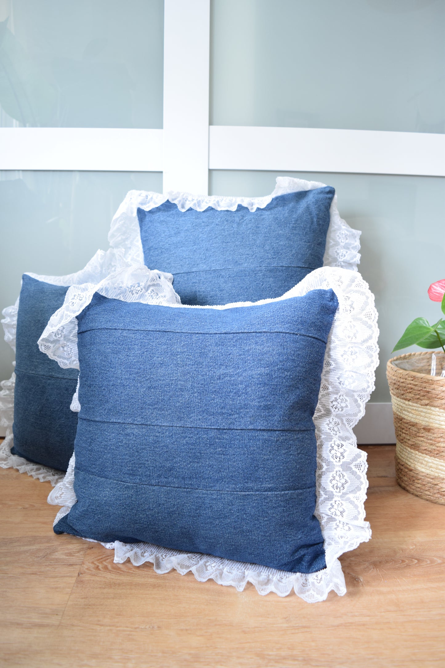 Denim pillow cover with with lace