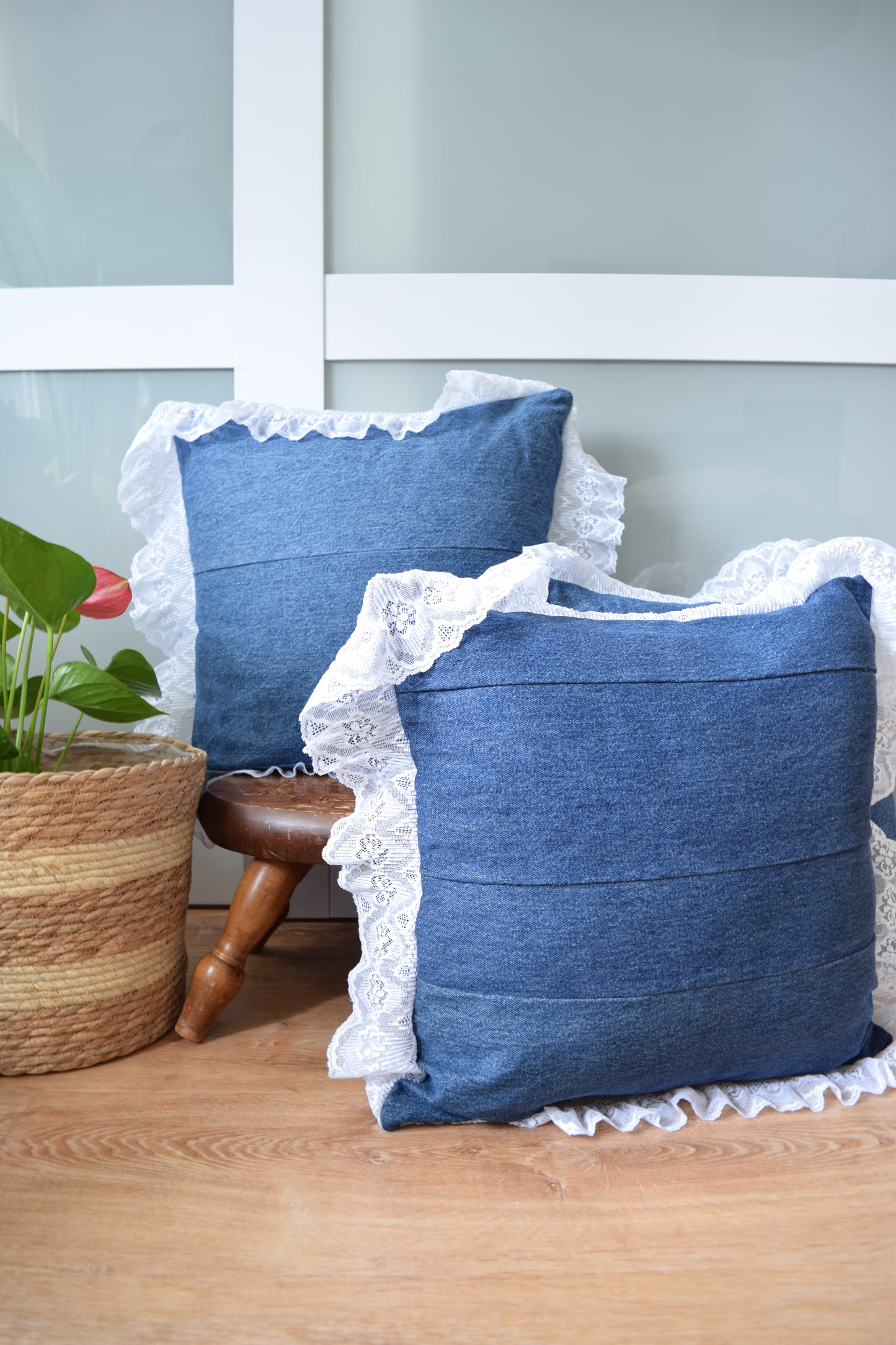 Denim pillow cover with with lace